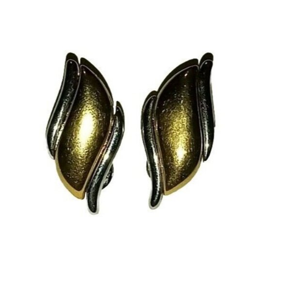 MONET Signed Vintage 70s Clip On Earrings Flame Wing Classic Gold  Silver Tone - Picture 4 of 13
